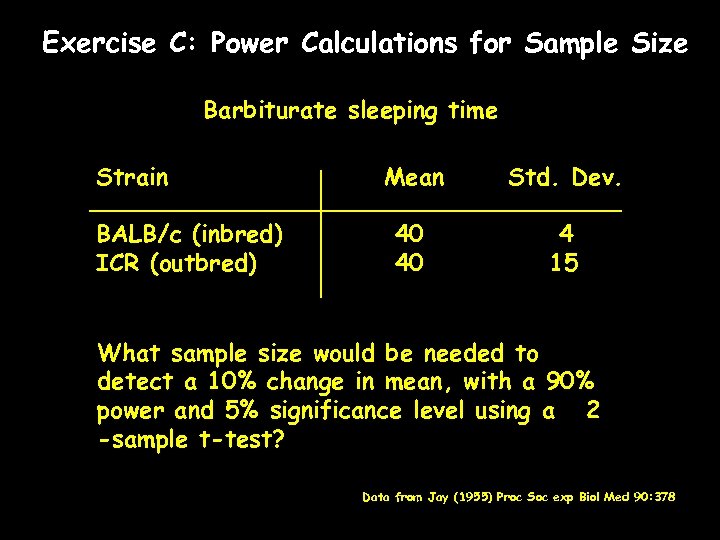 Exercise C: Power Calculations for Sample Size Barbiturate sleeping time Strain BALB/c (inbred) ICR