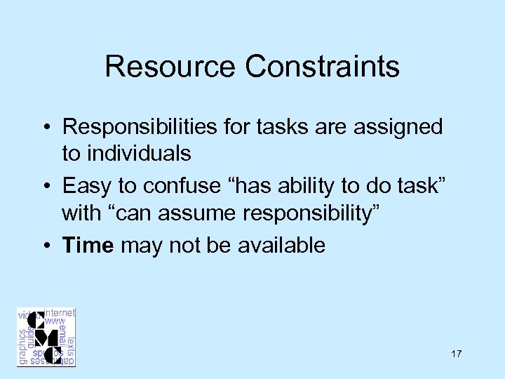 Resource Constraints • Responsibilities for tasks are assigned to individuals • Easy to confuse