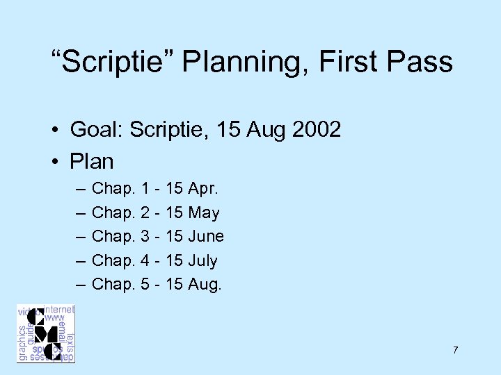 “Scriptie” Planning, First Pass • Goal: Scriptie, 15 Aug 2002 • Plan – –