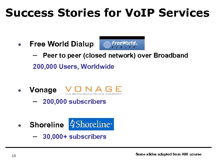 Success Stories for Vo. IP Services · Free World Dialup – Peer to peer