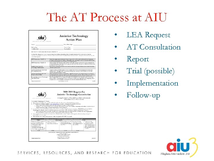 The AT Process at AIU • • • LEA Request AT Consultation Report Trial