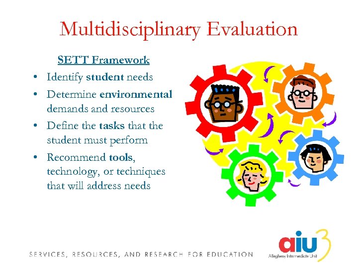 Multidisciplinary Evaluation • • SETT Framework Identify student needs Determine environmental demands and resources