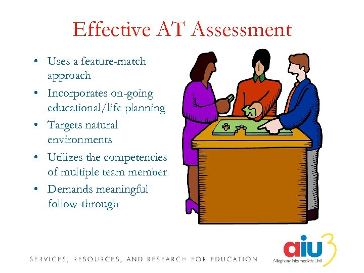 Effective AT Assessment • Uses a feature-match approach • Incorporates on-going educational/life planning •