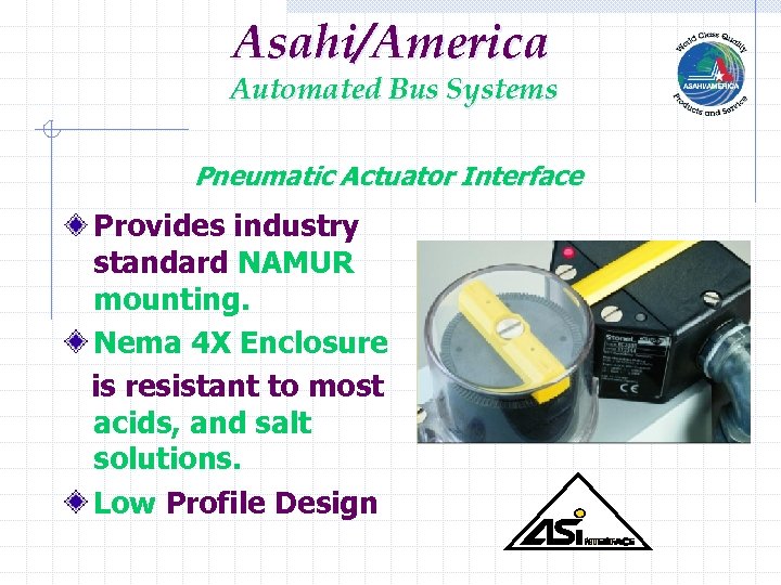 Asahi/America Automated Bus Systems Pneumatic Actuator Interface Provides industry standard NAMUR mounting. Nema 4