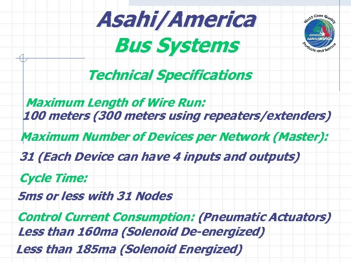 Asahi/America Bus Systems Technical Specifications Maximum Length of Wire Run: 100 meters (300 meters