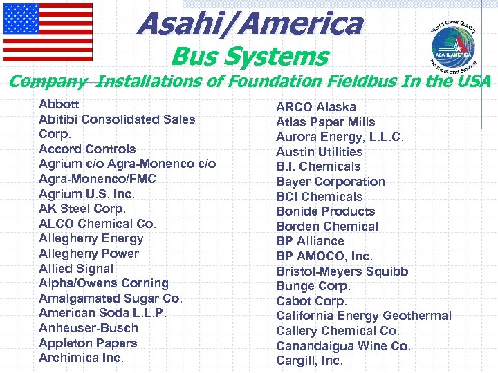 Asahi/America Bus Systems Company Installations of Foundation Fieldbus In the USA Abbott Abitibi Consolidated