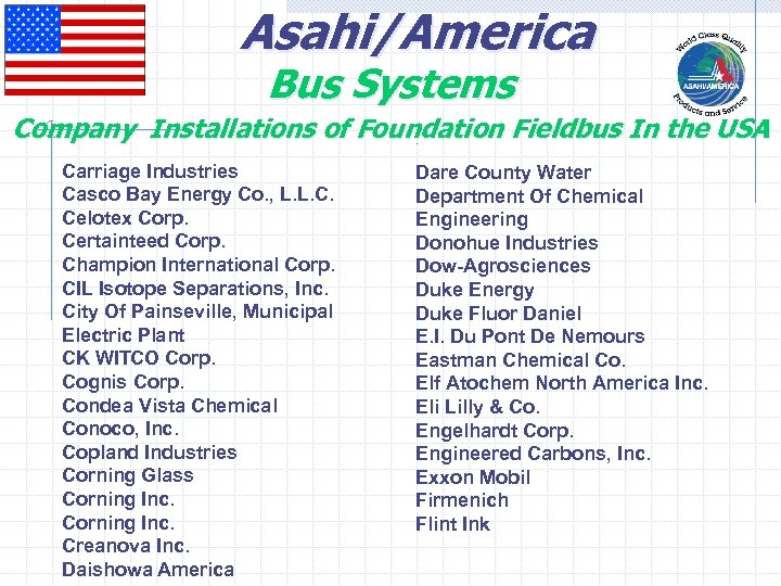 Asahi/America Bus Systems Company Installations of Foundation Fieldbus In the USA. Carriage Industries Casco