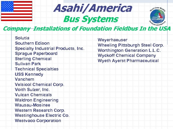 Asahi/America Bus Systems Company Installations of Foundation Fieldbus In the USA Solutia Southern Edison