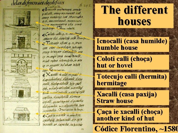 The different houses Icnocalli (casa humilde) humble house Coloti calli (choça) hut or hovel