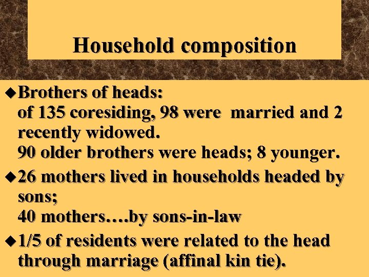 Household composition u. Brothers of heads: of 135 coresiding, 98 were married and 2