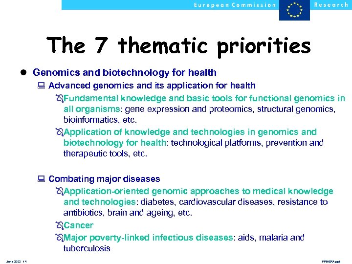 The 7 thematic priorities l Genomics and biotechnology for health : Advanced genomics and