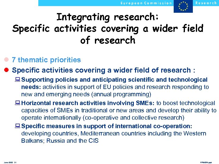 Integrating research: Specific activities covering a wider field of research l 7 thematic priorities