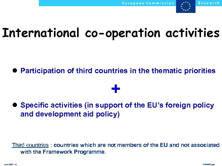 International co-operation activities l Participation of third countries in thematic priorities + l Specific