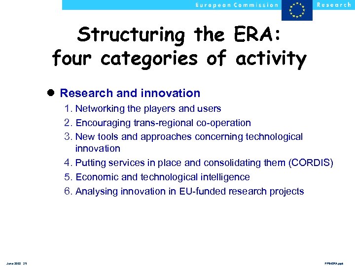 Structuring the ERA: four categories of activity l Research and innovation 1. Networking the