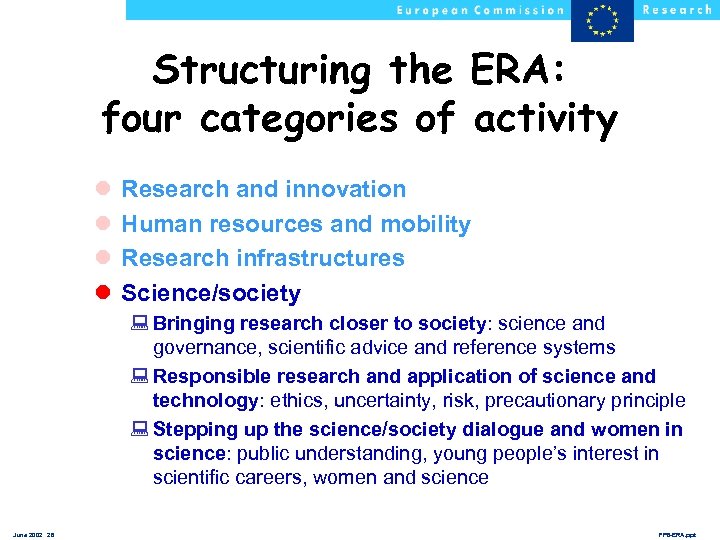 Structuring the ERA: four categories of activity l l Research and innovation Human resources