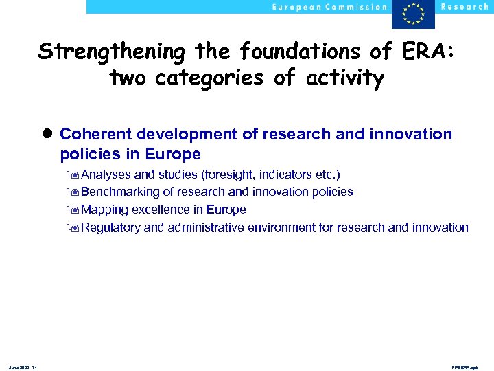 Strengthening the foundations of ERA: two categories of activity l Coherent development of research