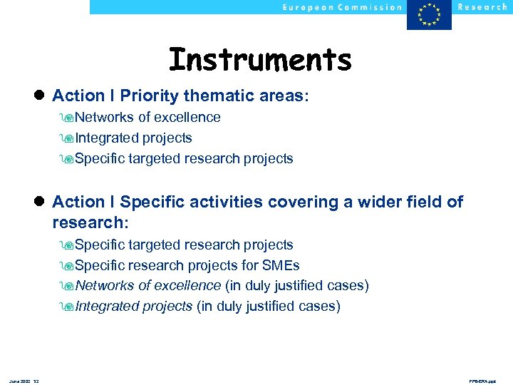 Instruments l Action I Priority thematic areas: 9 Networks of excellence 9 Integrated projects