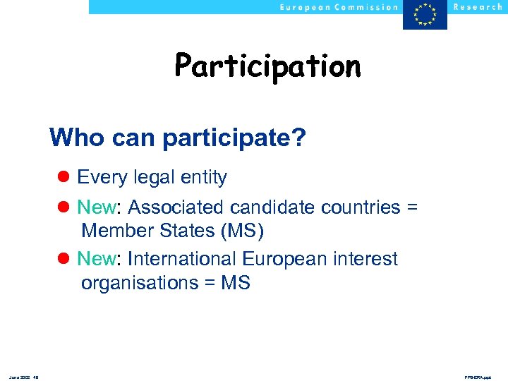 Participation Who can participate? l Every legal entity l New: Associated candidate countries =