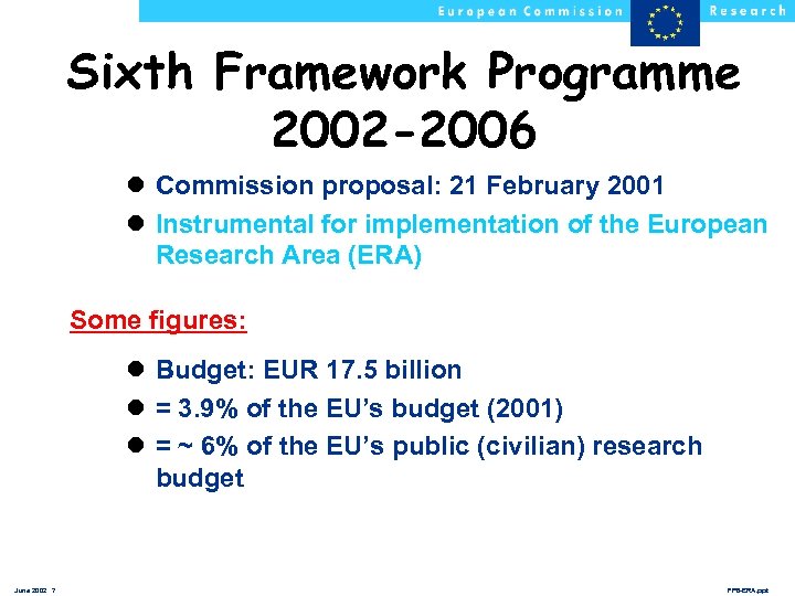 Sixth Framework Programme 2002 -2006 l Commission proposal: 21 February 2001 l Instrumental for