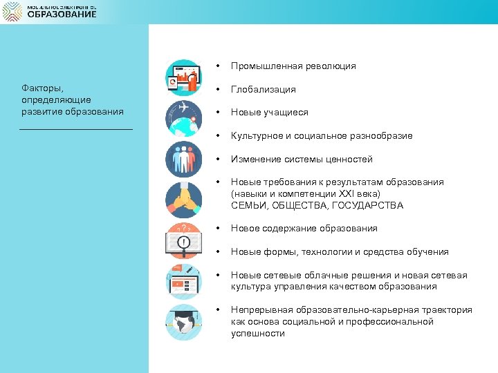  • Факторы, определяющие развитие образования Промышленная революция • Глобализация • Новые учащиеся •