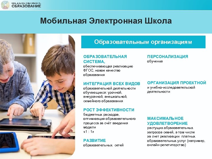 Мобильная Электронная Школа Образовательным организациям ОБРАЗОВАТЕЛЬНАЯ СИСТЕМА, ПЕРСОНАЛИЗАЦИЯ обучения обеспечивающая реализацию ФГОС, новое качество