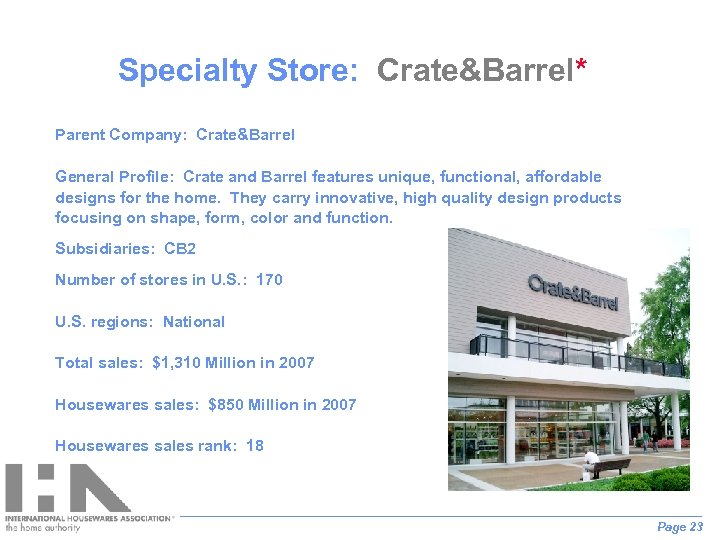 Specialty Store: Crate&Barrel* Parent Company: Crate&Barrel General Profile: Crate and Barrel features unique, functional,