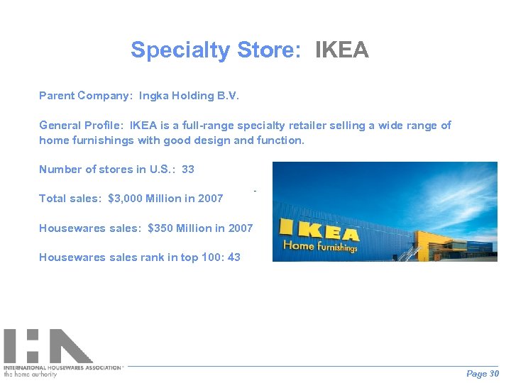 Specialty Store: IKEA Parent Company: Ingka Holding B. V. General Profile: IKEA is a