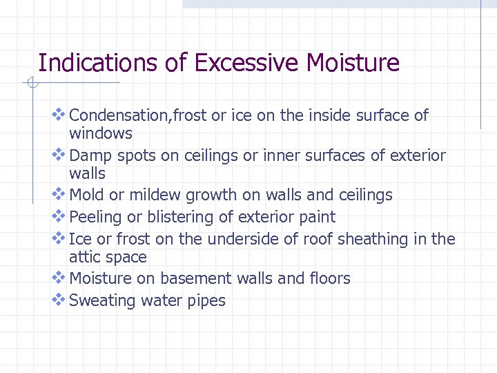 Indications of Excessive Moisture v Condensation, frost or ice on the inside surface of