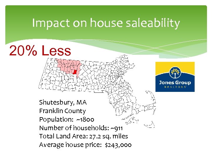 Impact on house saleability 20% Less Shutesbury, MA Franklin County Population: ~1800 Number of