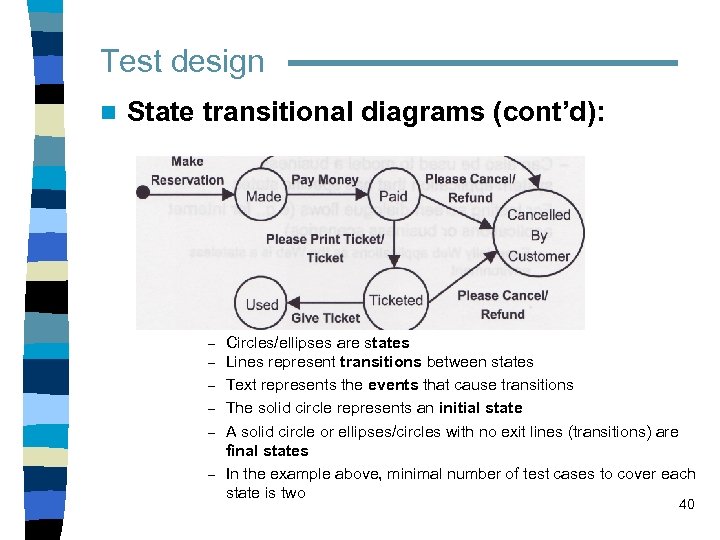 Test design n State transitional diagrams (cont’d): – – – Circles/ellipses are states Lines