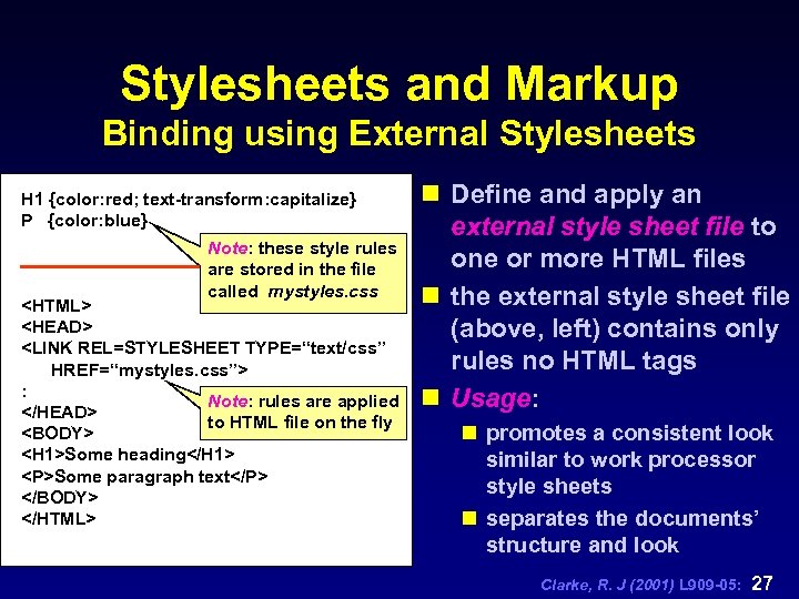 Stylesheets and Markup Binding using External Stylesheets H 1 {color: red; text-transform: capitalize} P