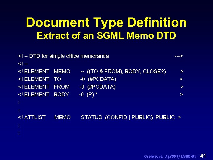 Document Type Definition Extract of an SGML Memo DTD <! -- DTD for simple