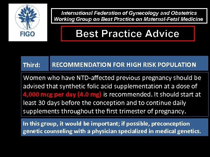 International Federation of Gynecology and Obstetrics Working Group on Best Practice on Maternal-Fetal Medicine