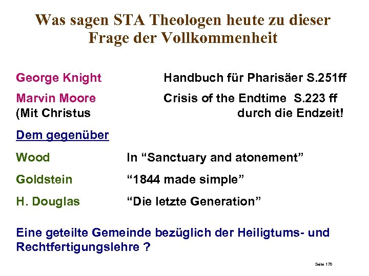 Was sagen STA Theologen heute zu dieser Frage der Vollkommenheit George Knight Handbuch für