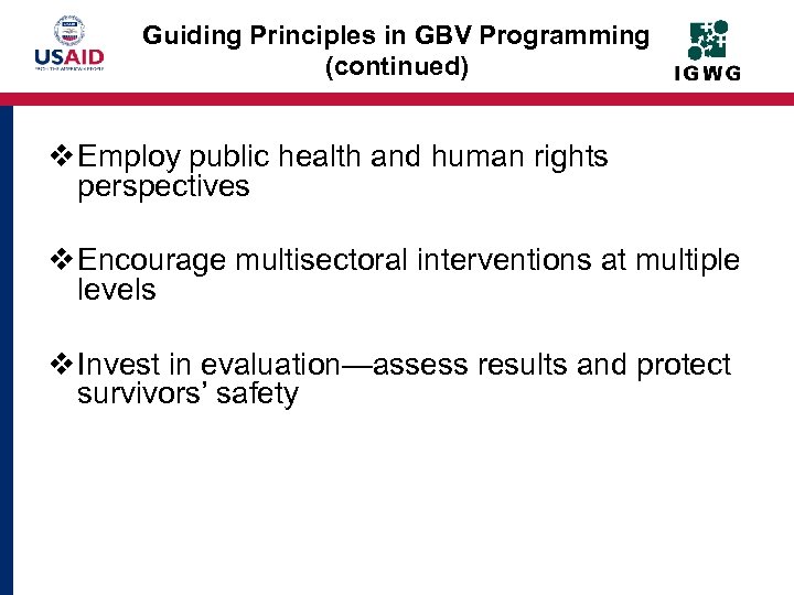 Guiding Principles in GBV Programming (continued) v Employ public health and human rights perspectives