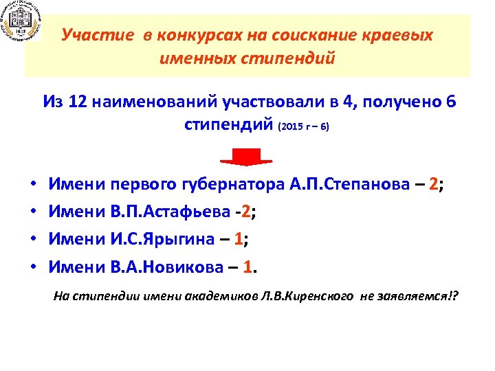 Участие в конкурсах на соискание краевых именных стипендий Из 12 наименований участвовали в 4,