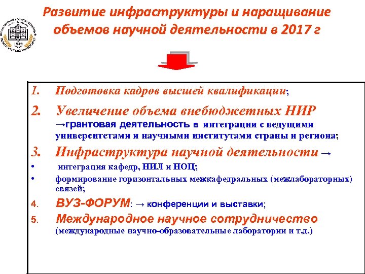 Развитие инфраструктуры и наращивание объемов научной деятельности в 2017 г 1. Подготовка кадров высшей