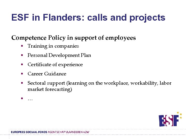 ESF in Flanders: calls and projects Competence Policy in support of employees § Training