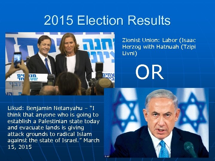 2015 Election Results Zionist Union: Labor (Isaac Herzog with Hatnuah (Tzipi Livni) OR Likud: