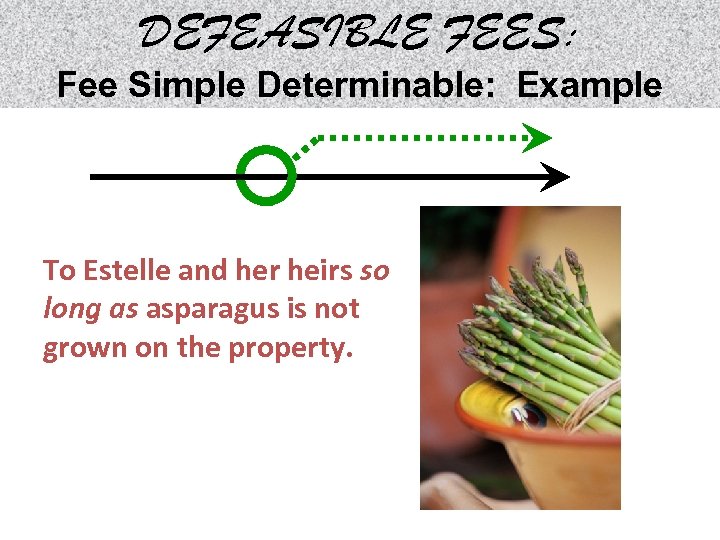 DEFEASIBLE FEES: Fee Simple Determinable: Example To Estelle and her heirs so long as