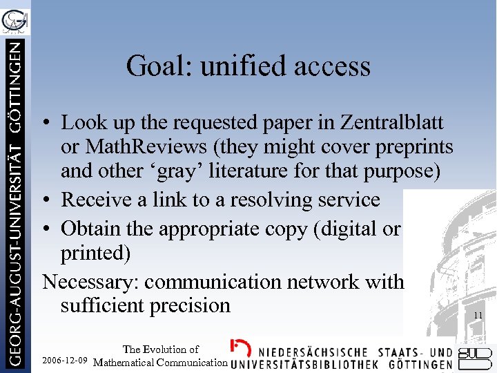 Goal: unified access • Look up the requested paper in Zentralblatt or Math. Reviews