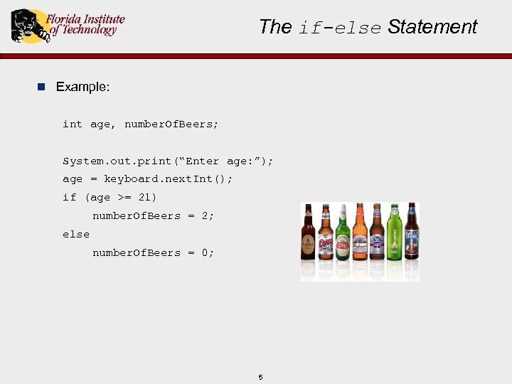 The if-else Statement n Example: int age, number. Of. Beers; System. out. print(“Enter age: