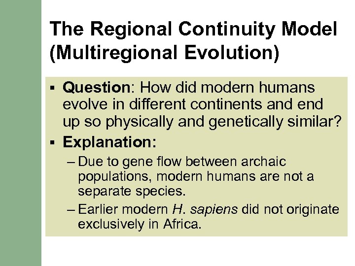 The Regional Continuity Model (Multiregional Evolution) Question: How did modern humans evolve in different