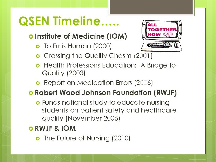 QSEN Timeline…. . Institute of Medicine (IOM) To Err is Human (2000) Crossing the