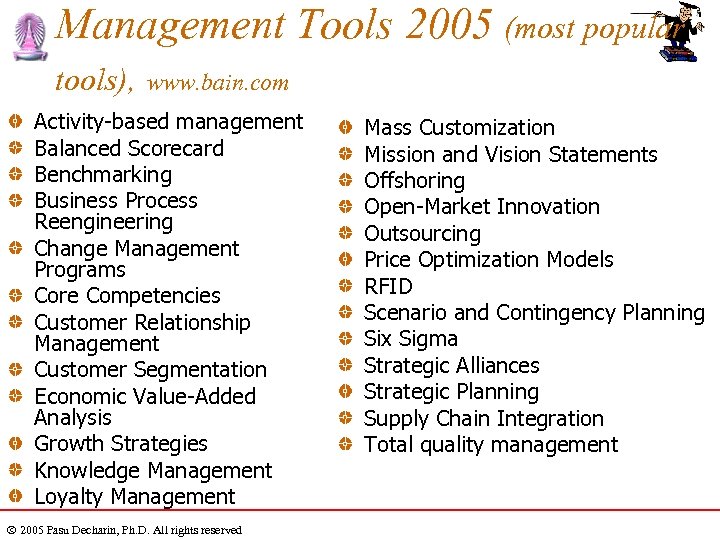 Management Tools 2005 (most popular tools), www. bain. com Activity-based management Balanced Scorecard Benchmarking