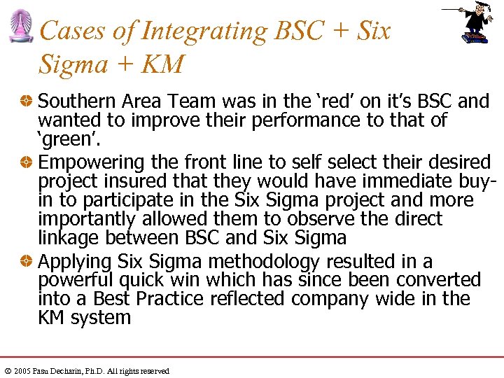 Cases of Integrating BSC + Six Sigma + KM Southern Area Team was in