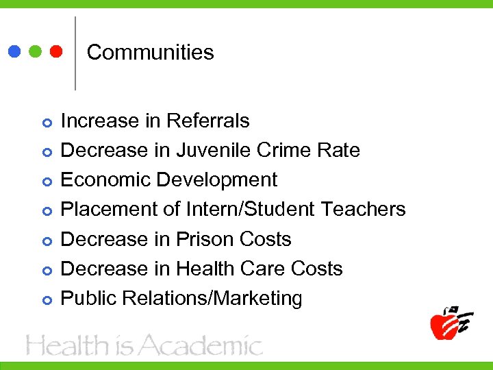 Communities Increase in Referrals Decrease in Juvenile Crime Rate Economic Development Placement of Intern/Student