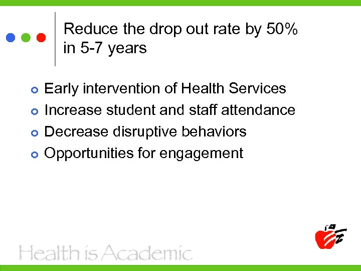 Reduce the drop out rate by 50% in 5 -7 years Early intervention of