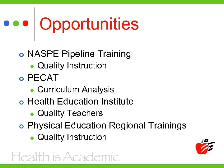 Opportunities NASPE Pipeline Training l PECAT l Curriculum Analysis Health Education Institute l Quality