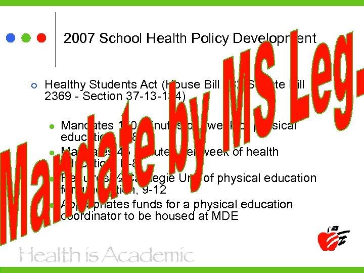 2007 School Health Policy Development Healthy Students Act (House Bill 732/Senate Bill 2369 -